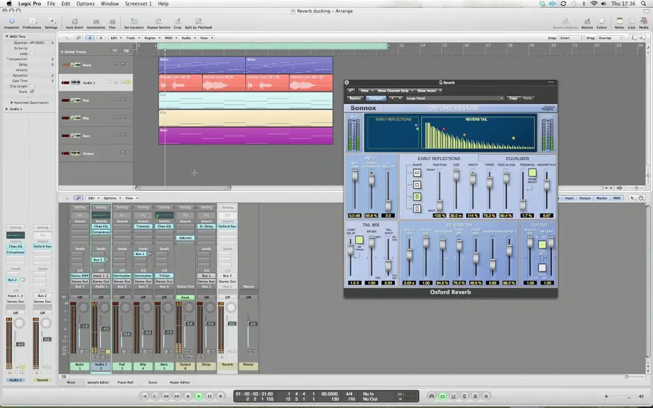 Wtyczka Oxford Reverb w Logic Pro. Pokazuje ustawienia pogłosu, jak uzyskać efekt reverb.