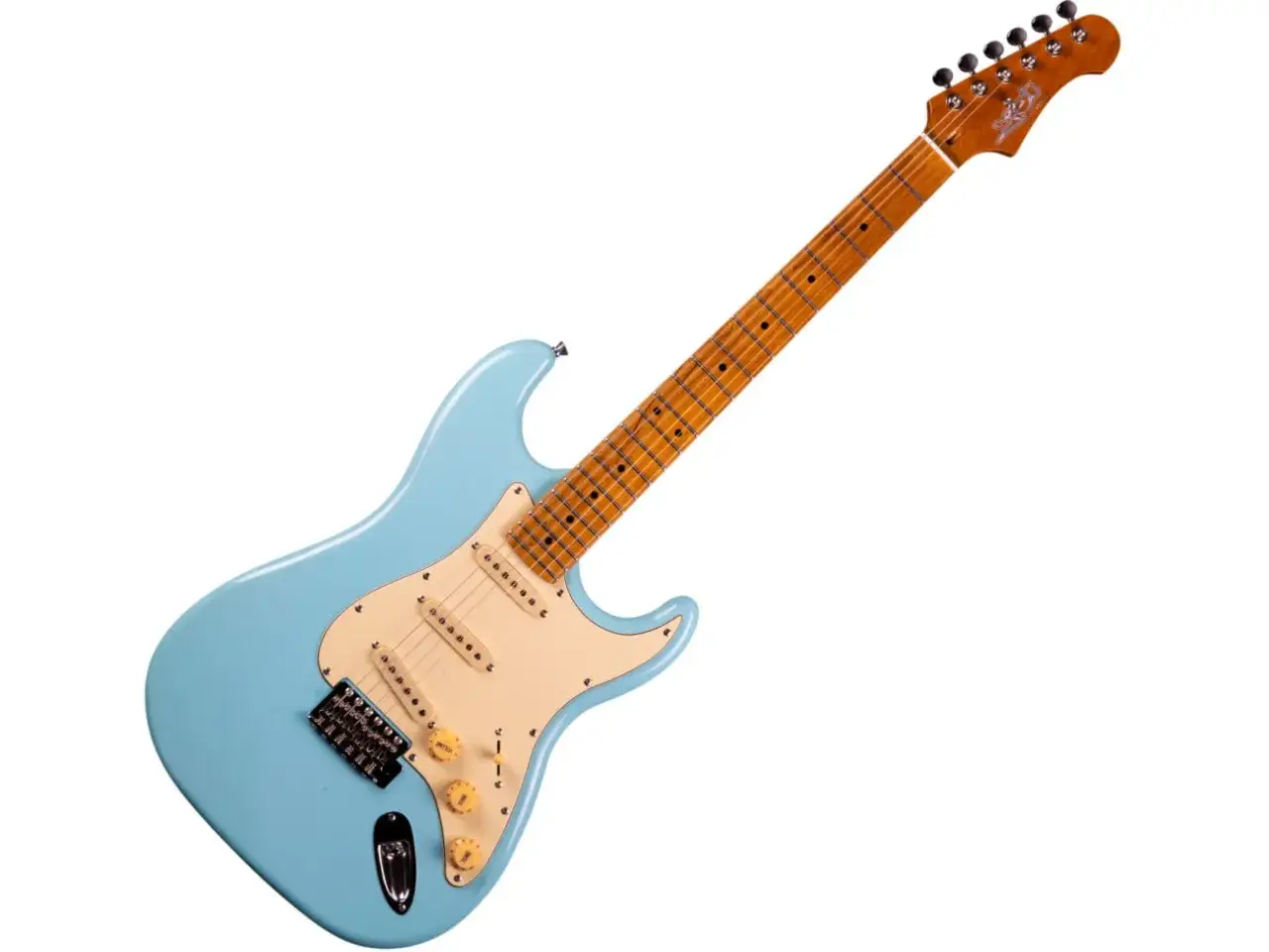 Jasnoniebieska gitara elektryczna, idealna jako pierwsza gitara. Klasyczny kształt, jasna podstrunnica.