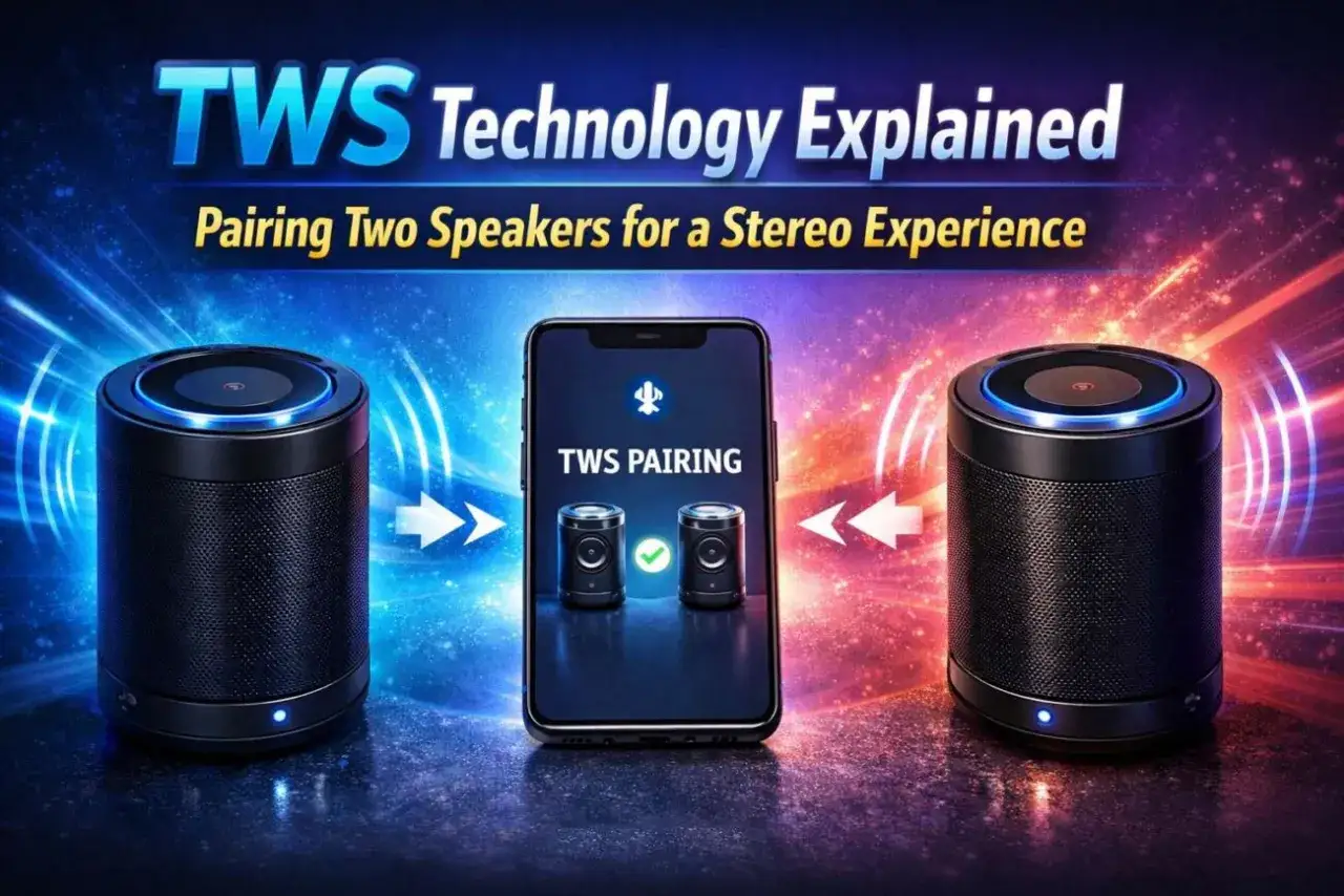 Ilustracja pokazuje, jak połączyć dwa głośniki bluetooth za pomocą technologii TWS. Na ekranie telefonu widnieje napis 