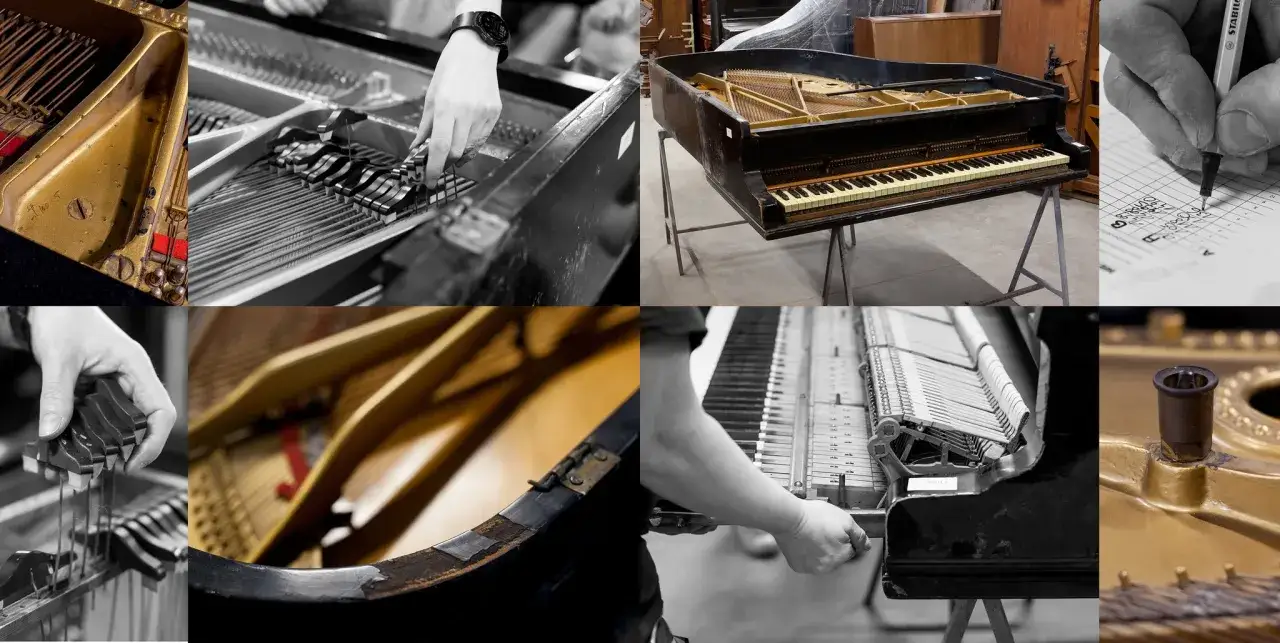 Szukasz informacji, ile kosztuje strojenie pianina? Zobacz detale mechanizmu i wnętrza instrumentu podczas prac konserwatorskich.