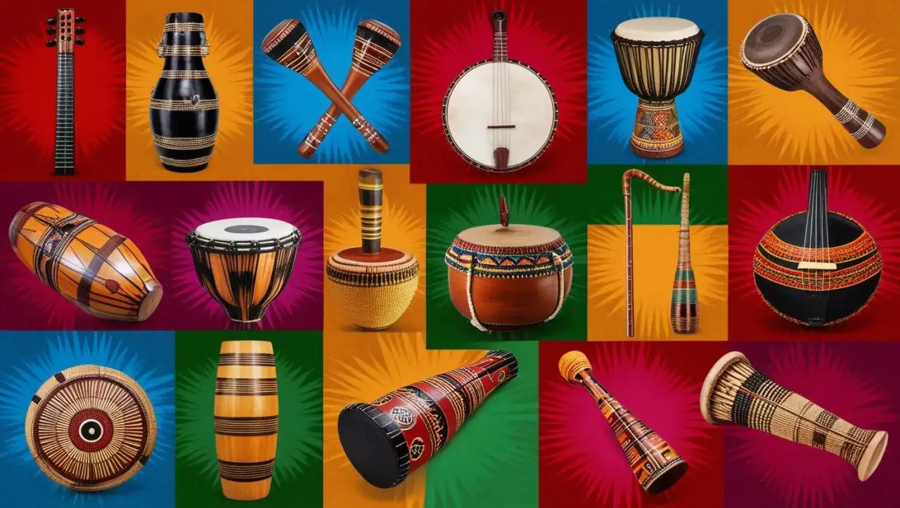 Kompilacja instrumentów afrykańskich: bęben, marakasy, banjo, lira, gitara i inne.