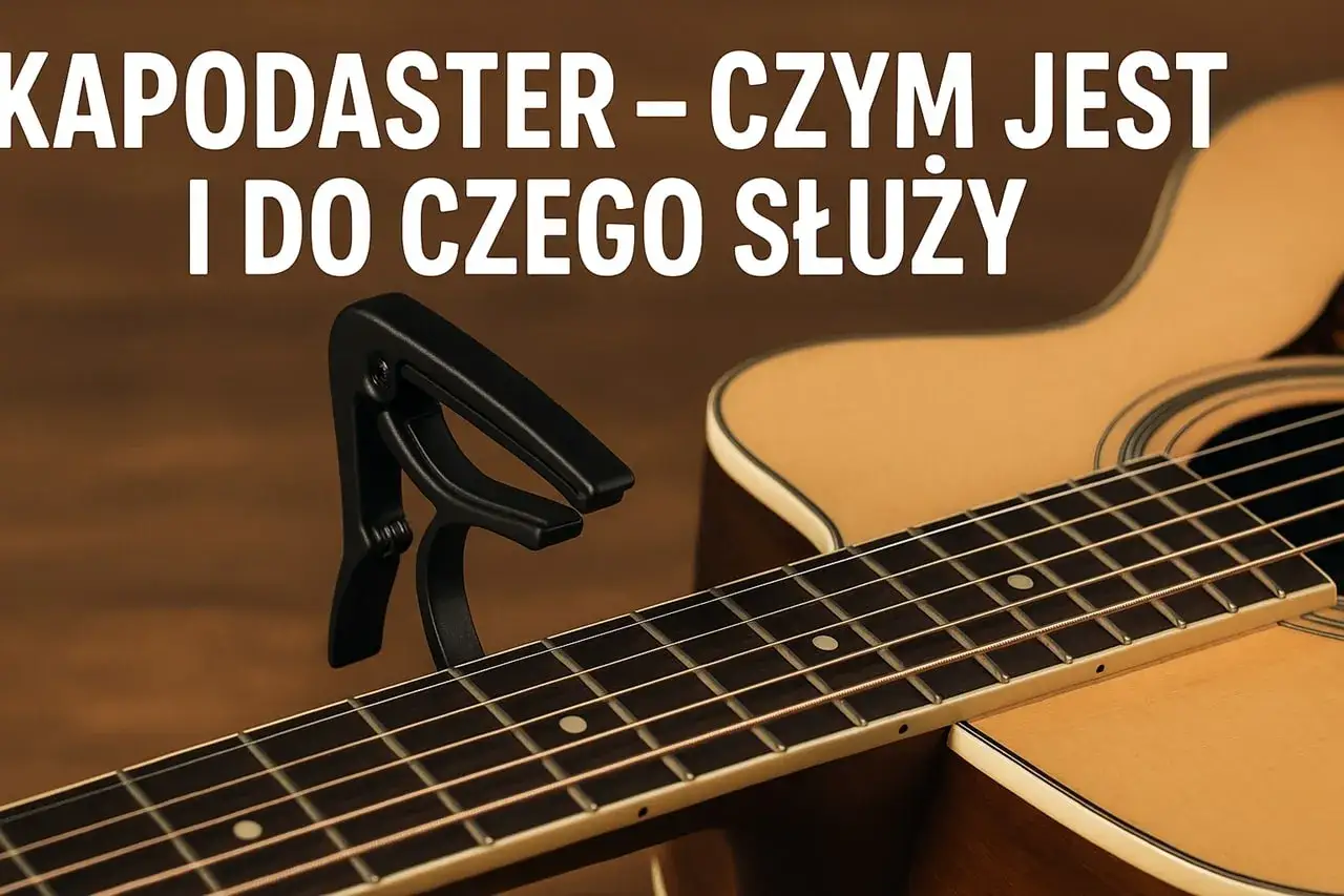 Czarny kapodaster na gryfie gitary akustycznej. Dowiedz się, kapodaster co to jest i do czego służy.