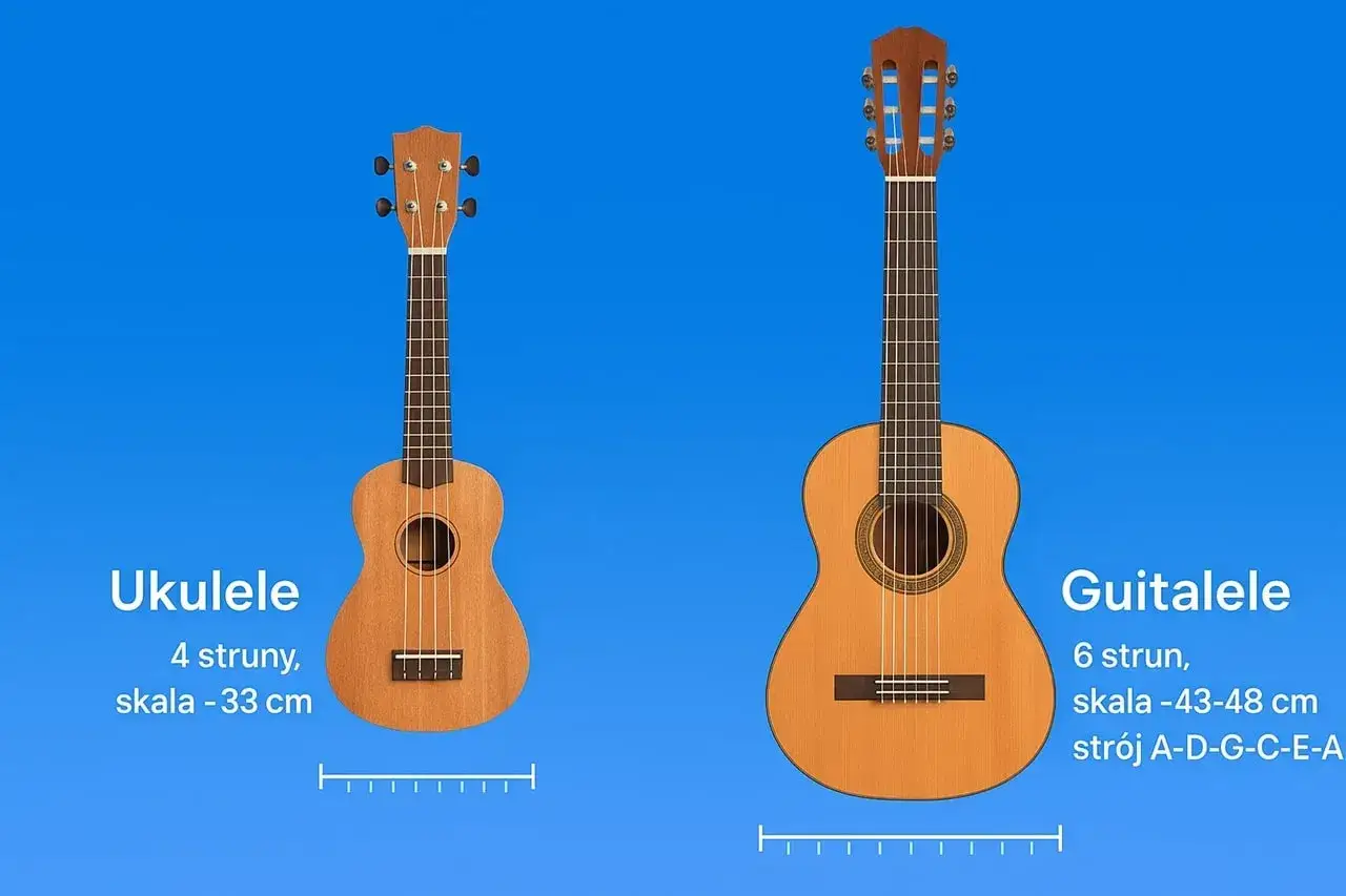 Ukulele i gitalele – dwie małe gitary obok siebie. Ukulele ma 4 struny, gitalele 6.