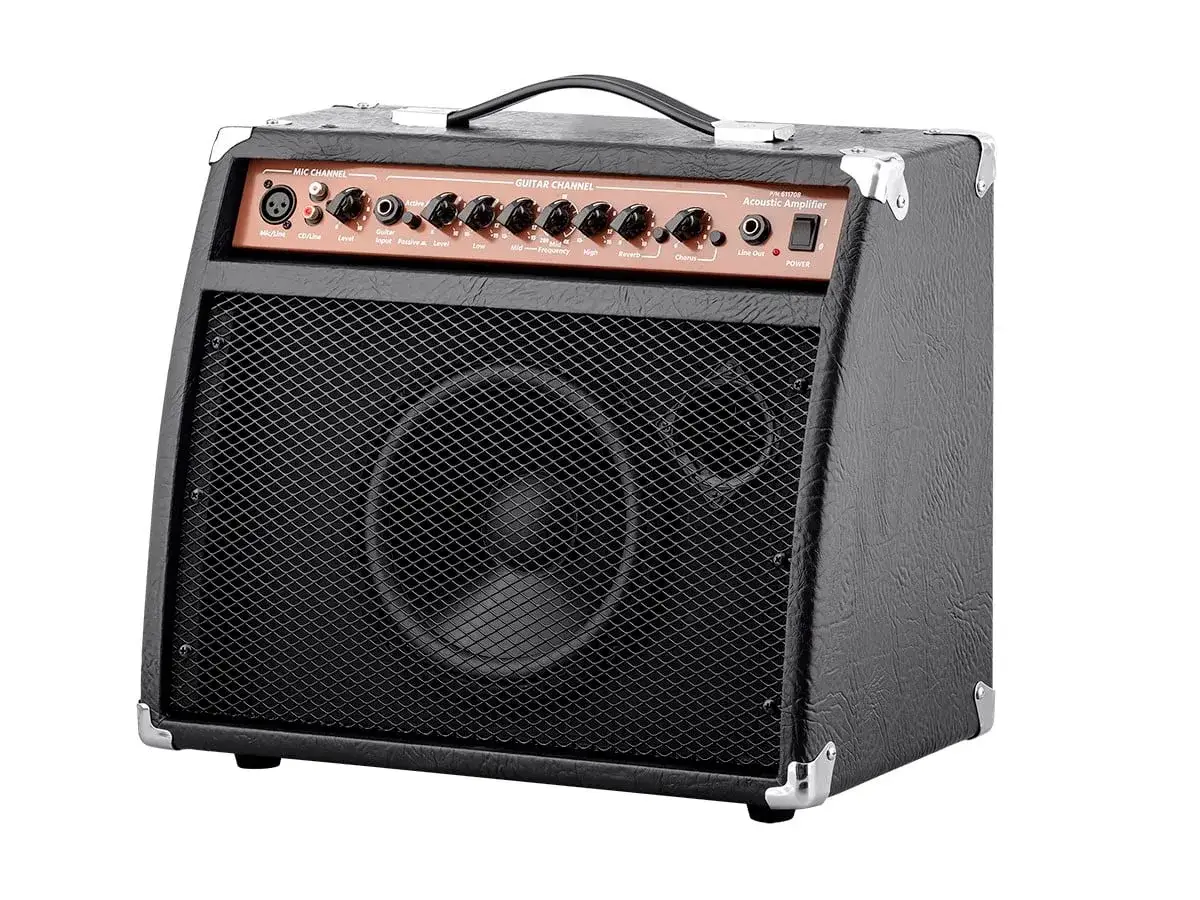 Czarny wzmacniacz gitarowy z efektami, idealny do tworzenia unikalnych brzmień. Posiada wejścia mikrofonowe i gitarowe, regulatory EQ i efekty.
