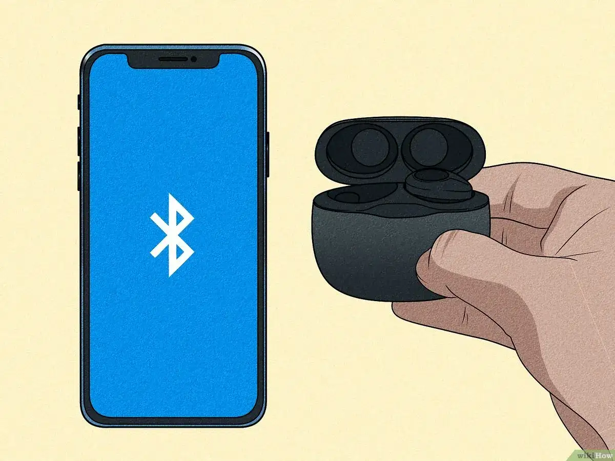 iPhone z ikoną Bluetooth obok etui ze słuchawkami JBL. Dowiedz się, jak podłączyć słuchawki JBL z iPhone.