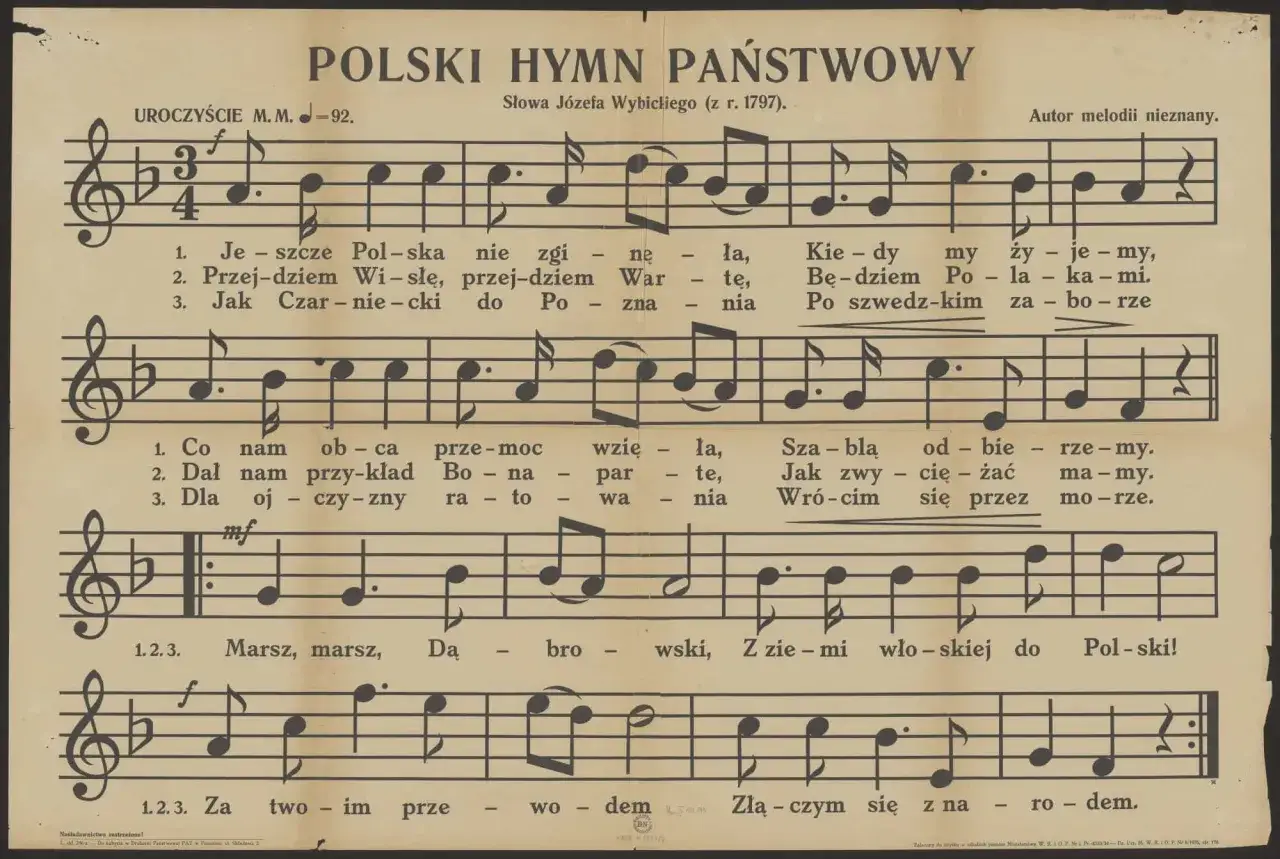 Nuty polskiego hymnu państwowego. Pieśń zaczyna się słowami