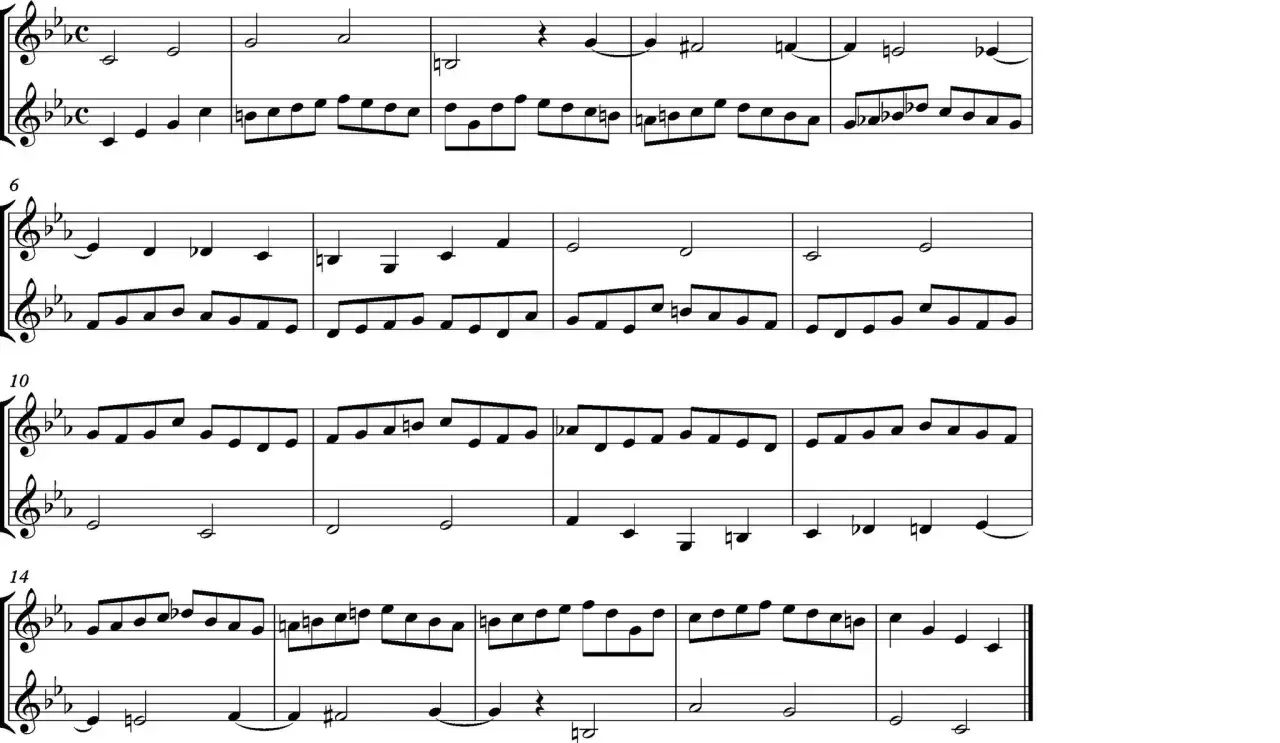 Fragment muzyczny z dwoma głosami, tworzący kanon. Górna linia melodyczna powtarza się z opóźnieniem w dolnej.