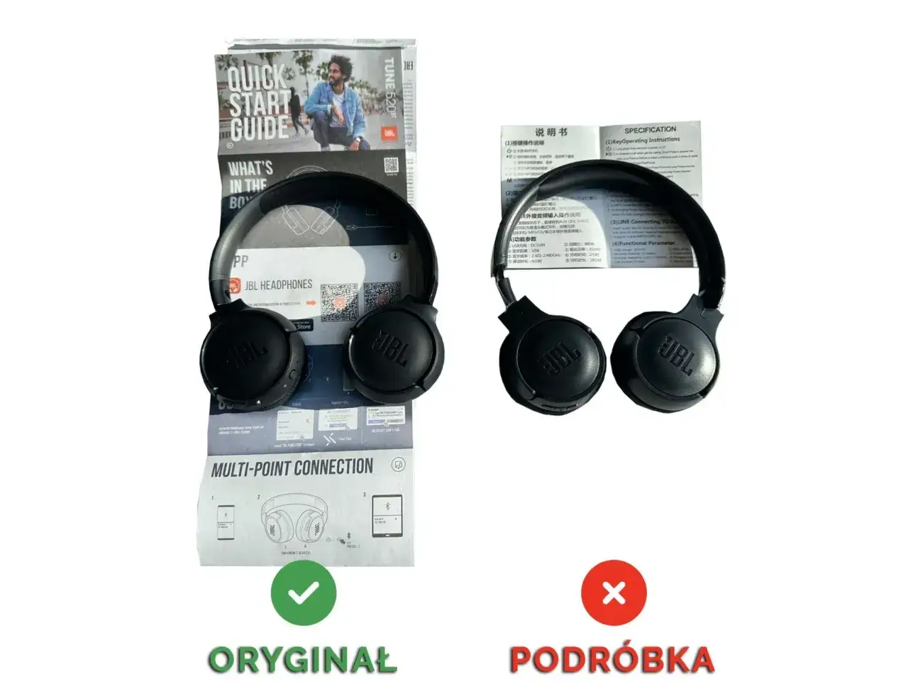 Oryginalne słuchawki bezprzewodowe JBL z instrukcją obsługi obok podróbki. Jak znaleźć słuchawki bezprzewodowe JBL? Sprawdź instrukcję!