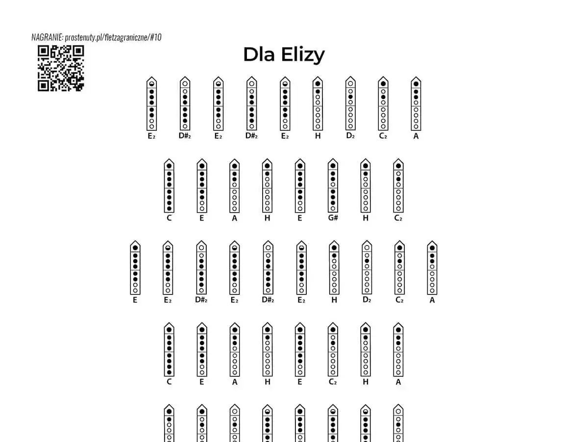 Nuty na flet litery. Schematy palcowania dla utworu