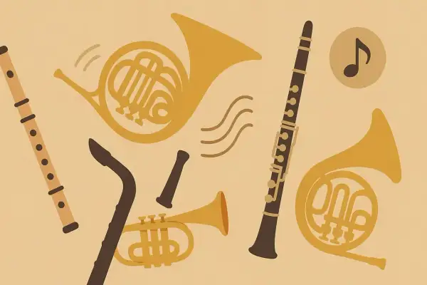 Różnorodne instrumenty dęte: flet, klarnet, saksofon, trąbka i dwa rogi. Muzyka w tle.