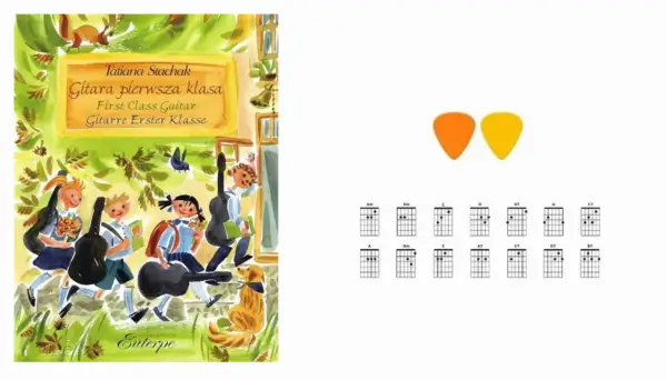 Okładka książki "Gitara pierwsza klasa" z dziećmi niosącymi instrumenty. Obok kostki i diagramy akordów gitarowych.