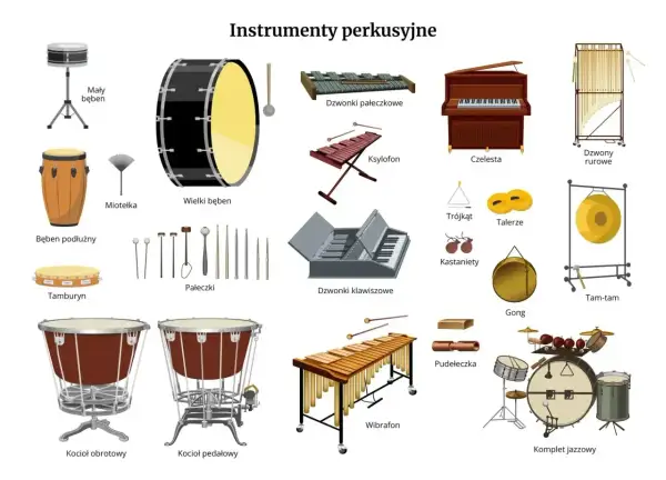 Ilustracja prezentuje różnorodne instrumenty perkusyjne: bębny, ksylofon, wibrafon, dzwonki, talerze, gong, tam-tam, kastaniety, trójkąt, a także komplet jazzowy.