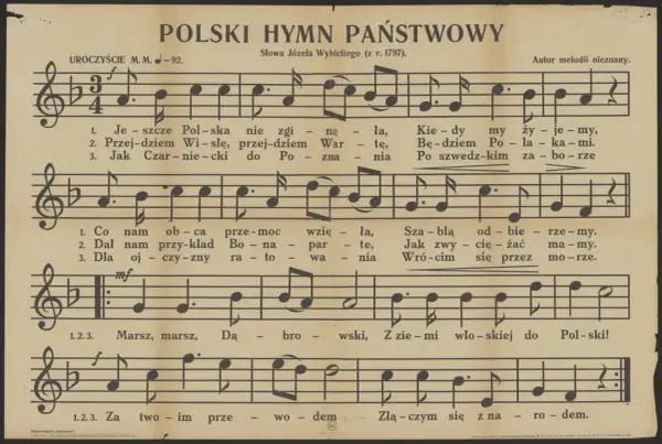 Nuty polskiego hymnu państwowego z tekstem "Mazurek Dąbrowskiego".