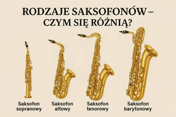 Różne rodzaje saksofonów: sopranowy, altowy, tenorowy i barytonowy, prezentują odmienny wygląd i rozmiar.