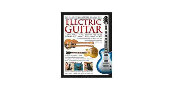 Książka do nauki gry na gitarze elektrycznej, z ilustracjami i ćwiczeniami.
