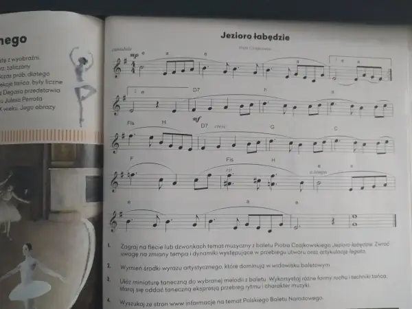 Nuty z baletu Jezioro łabędzie Piotra Czajkowskiego, z fragmentem melodii i wskazówkami dla tancerzy.