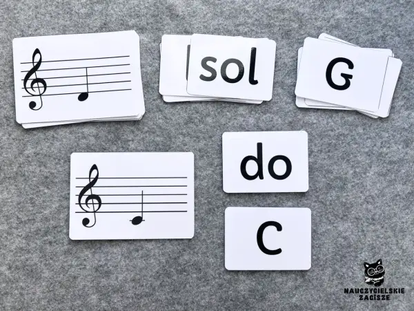 Nuty na pięciolinii dla dzieci: karty z nutami, literami "sol", "do", "G", "C" pomagają w nauce muzyki.