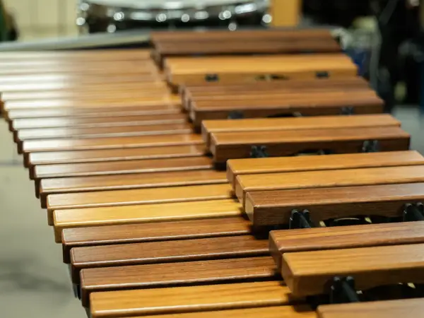 Drewniane klawisze marimby, piękne instrumenty perkusyjne melodyczne, czekają na uderzenia pałeczek, by wydać czyste dźwięki.