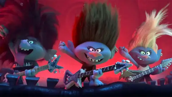 Trzy trolle rockmani grają na gitarach, tworząc energetyczne trolle piosenki.