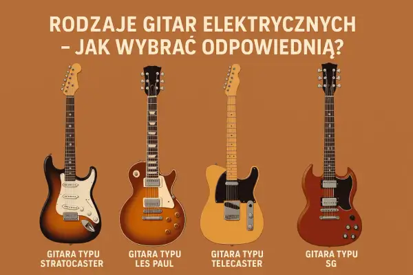 Cztery ikoniczne marki gitar elektrycznych: Stratocaster, Les Paul, Telecaster i SG, prezentują różnorodność stylów.