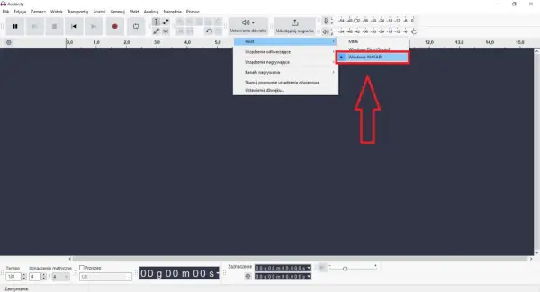 Wybór Windows WASAPI do nagrywania dźwięku z komputera w Audacity.