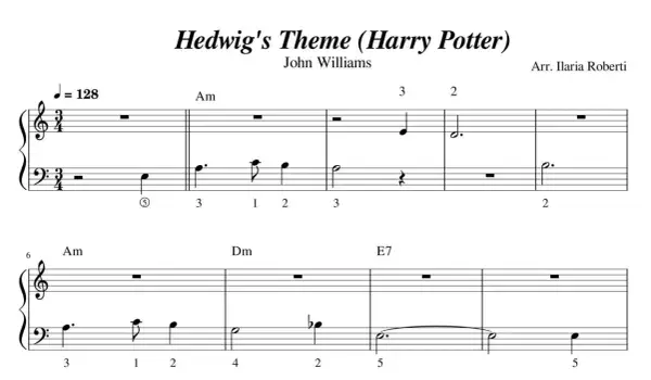 Nuty literowe Hedwig's Theme z Harry'ego Pottera, skomponowane przez Johna Williamsa.