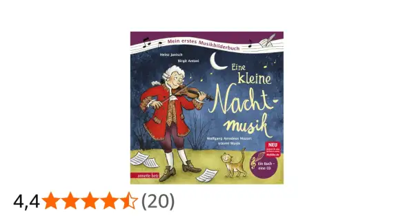 Ilustracja z książki "Eine kleine Nachtmusik" przedstawia Mozarta grającego na skrzypcach.