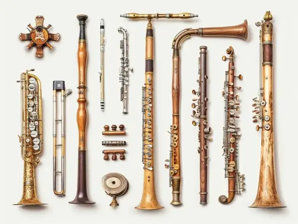 Kolekcja instrumentów dętych drewnianych, od saksofonu po klarnet, prezentuje bogactwo form i detali.