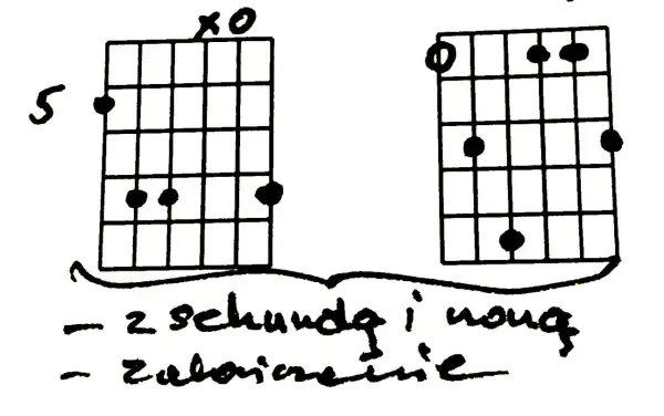 Tabela chwytów gitarowych z zaznaczonymi palcami i opisem: "z sekundą i noną", "zabawnie".