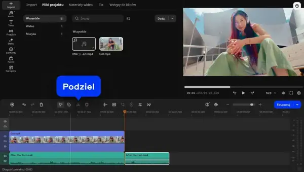 Edytor wideo pokazuje, jak dodać muzykę do filmu. Na osi czasu widać klip wideo i ścieżkę audio.