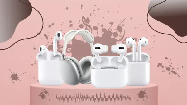 Różne modele słuchawek, w tym AirPods Pro i AirPods Max, na różowym tle. Czy airpodsy są wodoodporne? Sprawdź!