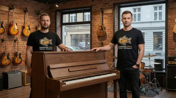 Dwóch mężczyzn w koszulkach BOXFISH.PRO obok pianina. Sprawdź transport pianina cena.
