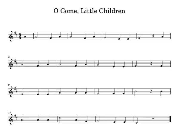 Nuty do druku dla dzieci z piosenką "O Come, Little Children". Prosta melodia, idealna do nauki gry na instrumencie.