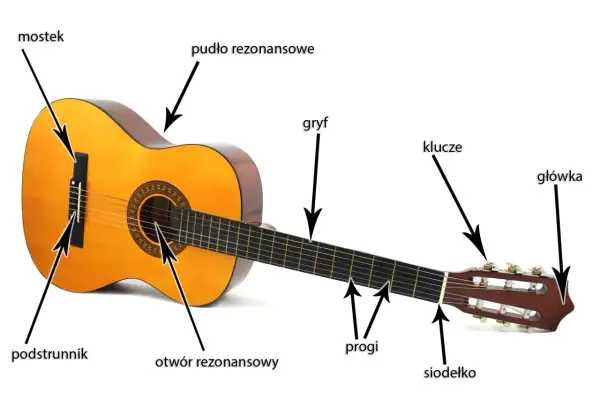 Akustyczna gitara z widocznymi elementami: pudło rezonansowe, gryf, progi, siodełko, podstrunnik, mostek, otwór rezonansowy, klucze i główkę.