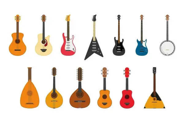 Różnorodne instrumenty strunowe: gitary akustyczne, elektryczne, basowe, banjo, lutnia, mandolina, ukulele i bałałajka.
