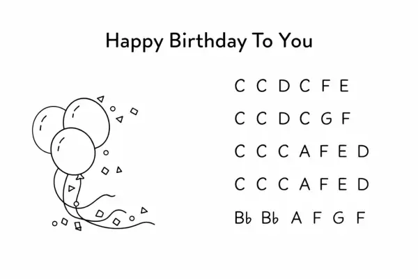 Proste piosenki na keyboard nuty literowe "Happy Birthday To You" z balonami i konfetti.