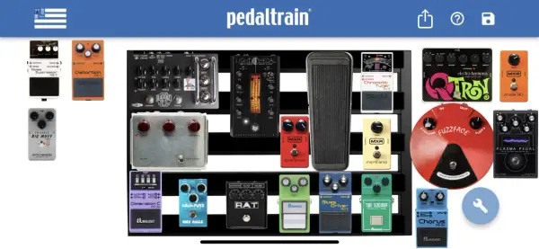 Efekt gitarowy na pedalboardzie: Boss NS-2, DS-1, TU-3, MXR Dyna Comp, Electro-Harmonix Big Muff, Ibanez Tube Screamer, Boss BD-2, RAT, Fuzzface i inne.