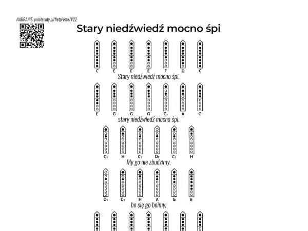 Nuty do piosenki "Stary niedźwiedź mocno śpi" na flet prosty. Pokazują, jak zagrać melodię, naciskając odpowiednie otwory.