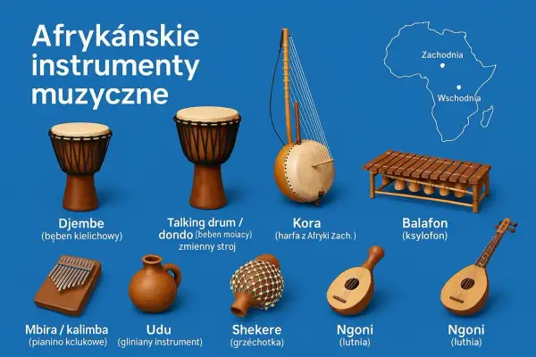 Różnorodne instrumenty afrykańskie: bębny djembe, kora, balafon, mbira, udu, shekere i ngoni.