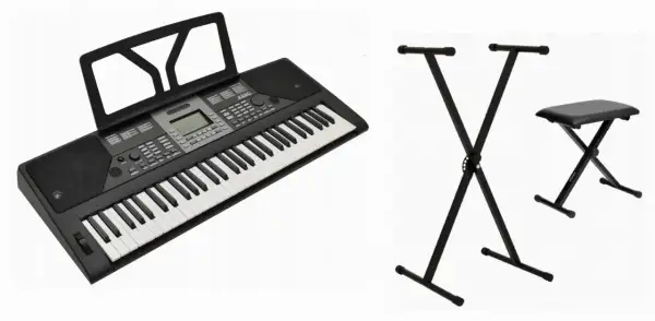 Keyboard z 61 klawiszami, stojak i stołek. Opis klawiszy na keyboardzie 61 klawiszy jest widoczny na zdjęciu.