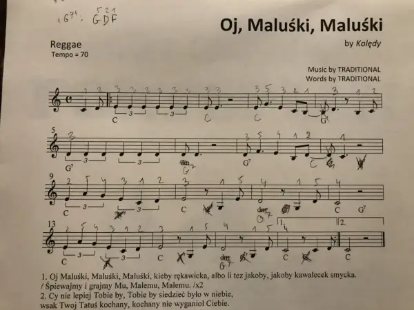 Mario, czy ty wiesz nuty? To zapis nutowy piosenki "Oj, Maluśki, Maluśki" w rytmie reggae.