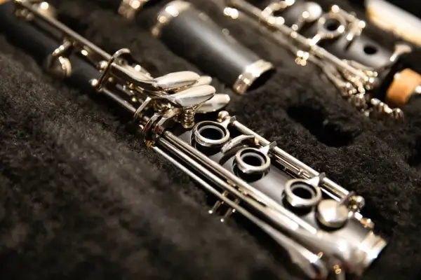 Zbliżenie na budowę klarnetu w futerale. Widoczne są klapy, otwory i metalowe elementy instrumentu.