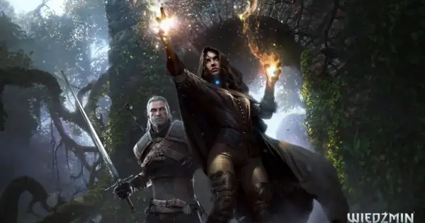 Geralt i czarodziejka w mrocznej, leśnej scenerii. Ona rzuca zaklęcie, a on trzyma miecz. W grocie króla gór nuty magii unoszą się w powietrzu.