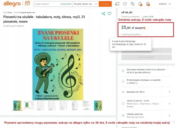 Książka z nutami, tabulaturą i słowami 31 znanych piosenek na ukulele. Idealna dla początkujących i zaawansowanych.