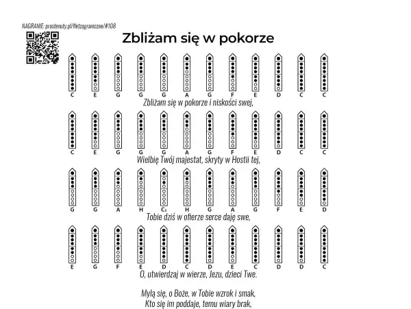 Nuty na flet poprzeczny do pieśni "Zbliżam się w pokorze". Diagramy palcowania dla poszczególnych dźwięków.