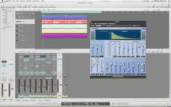 Wtyczka Oxford Reverb w Logic Pro. Pokazuje ustawienia pogłosu, jak uzyskać efekt reverb.