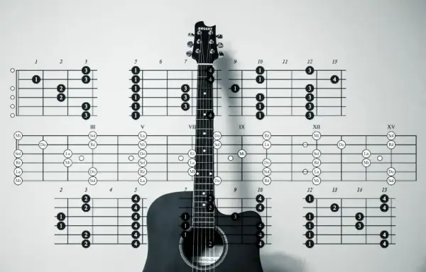 Tabulatury i schematy pokazują podstawowe akordy na gitarę, ułatwiając naukę gry.