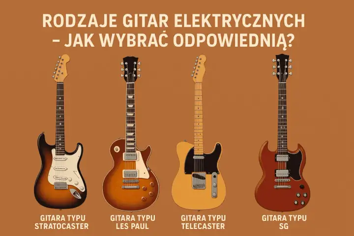 Cztery ikoniczne marki gitar elektrycznych: Stratocaster, Les Paul, Telecaster i SG, prezentują różnorodność stylów.