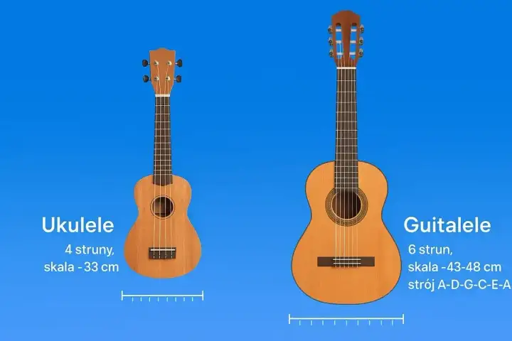 Ukulele i Guitalele, dwie małe gitary. Jedna ma 4 struny, druga 6.